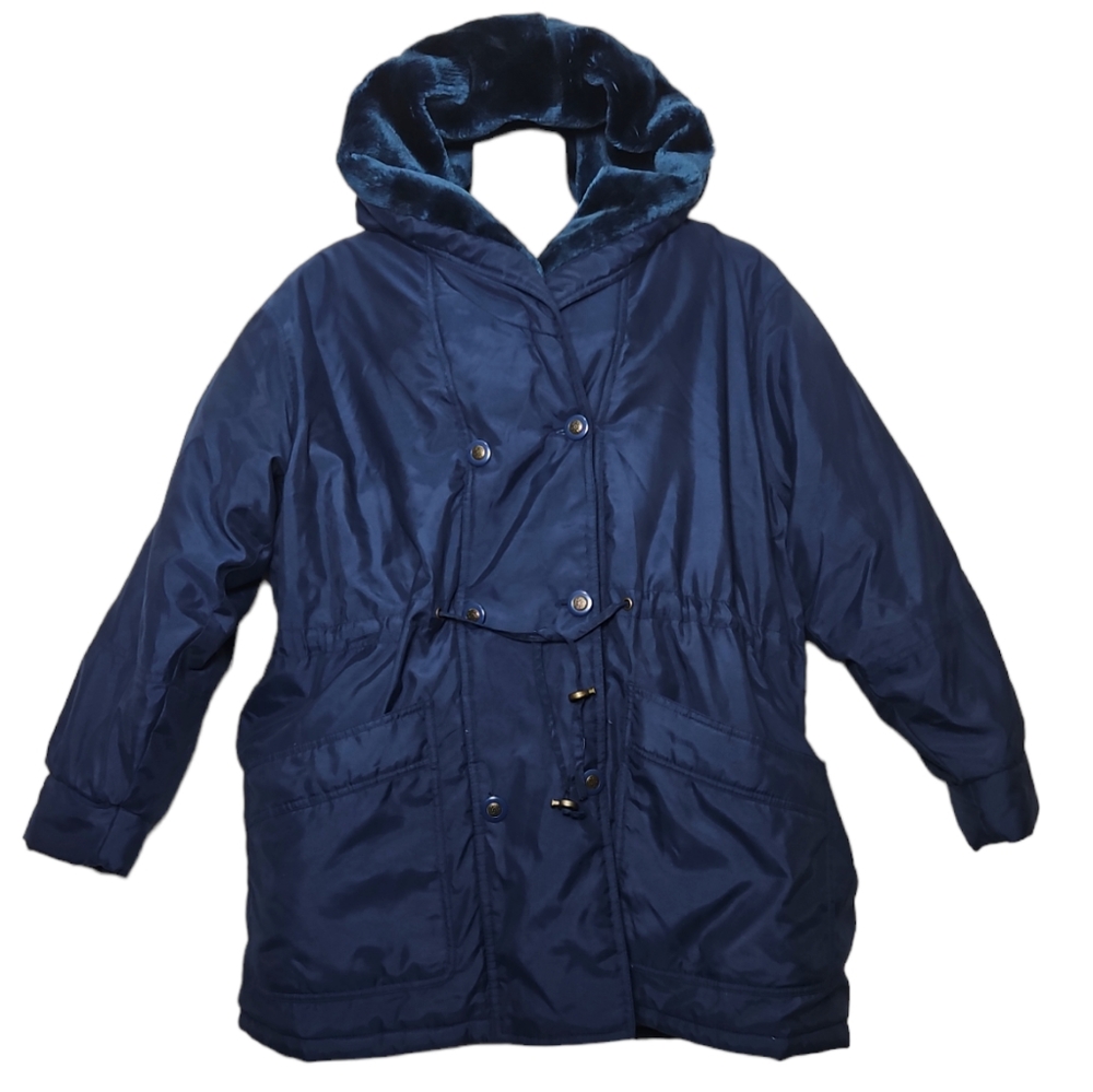 Vintage Winter Fur Hooded Long Jacket P.A. Originals Size L Navy Blue